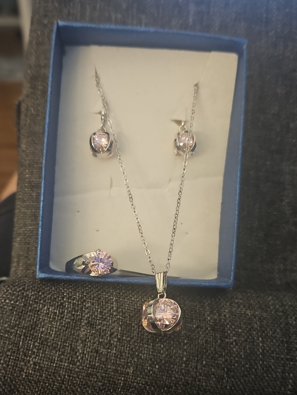 Silver-Tone Pink Crystal Jewelry Set - Necklace, Earrings & Ring